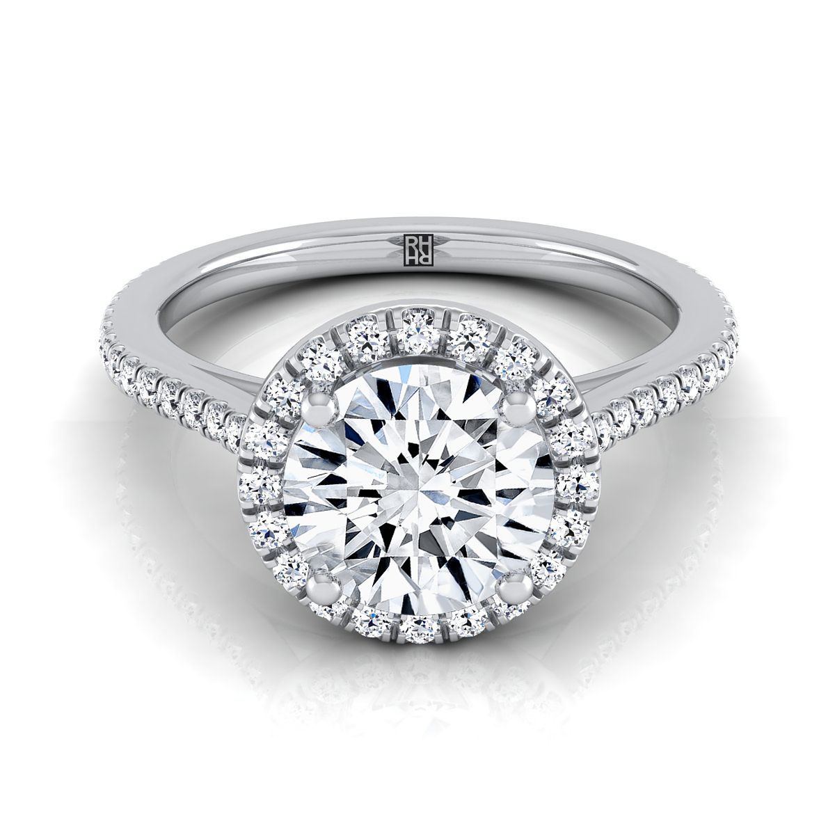 14K White Gold Round Brilliant Classic French Pave Halo and Linear Engagement Ring -1/4ctw