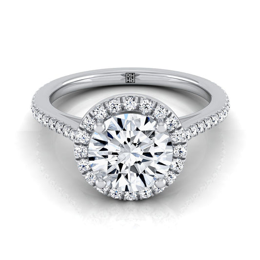 Platinum Round Brilliant Classic French Pave Halo and Linear Engagement Ring -1/4ctw