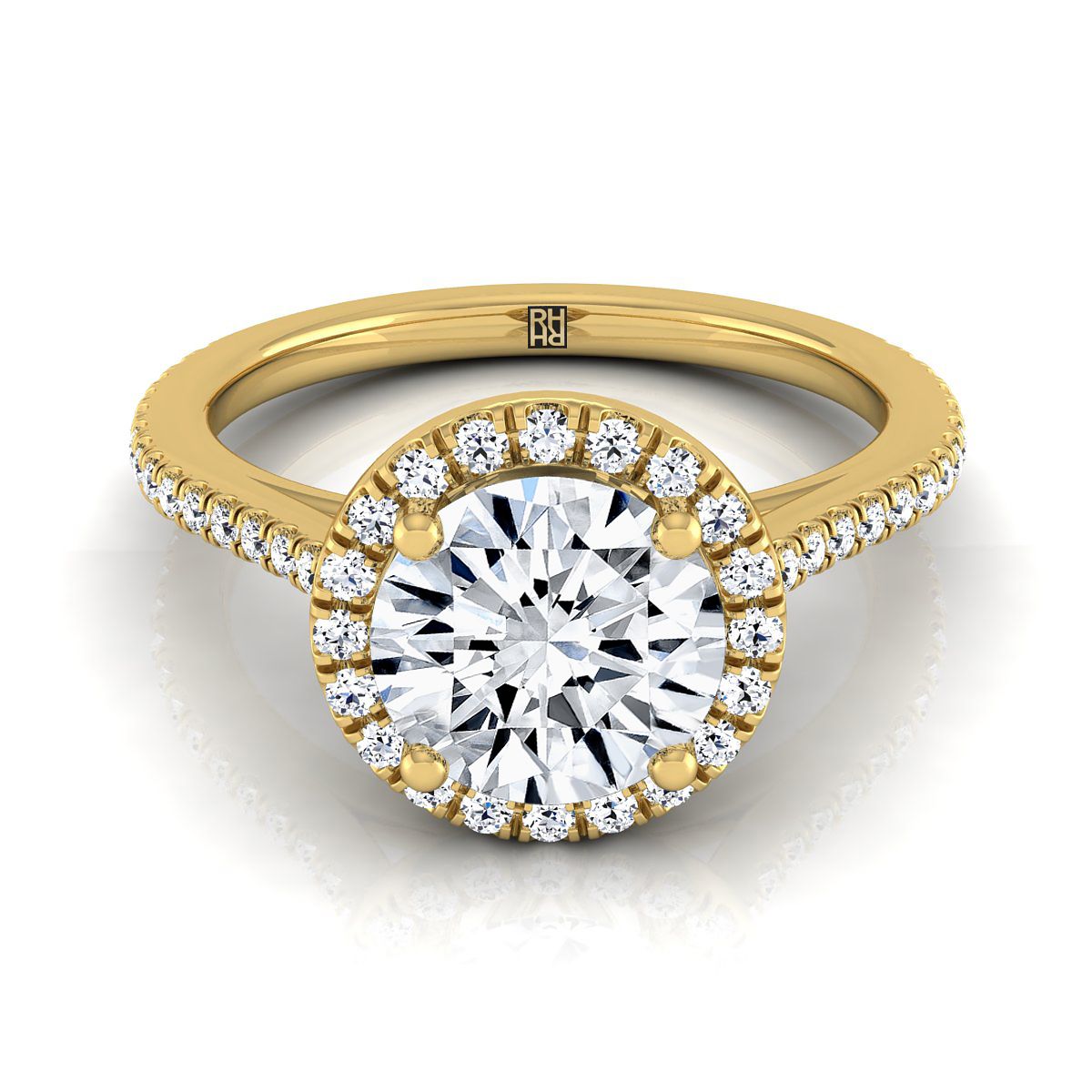 14K Yellow Gold Round Brilliant Classic French Pave Halo และ Linear Engagement Ring -1/4ctw