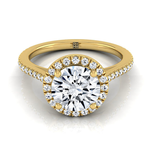 14K Yellow Gold Round Brilliant Classic French Pave Halo และ Linear Engagement Ring -1/4ctw