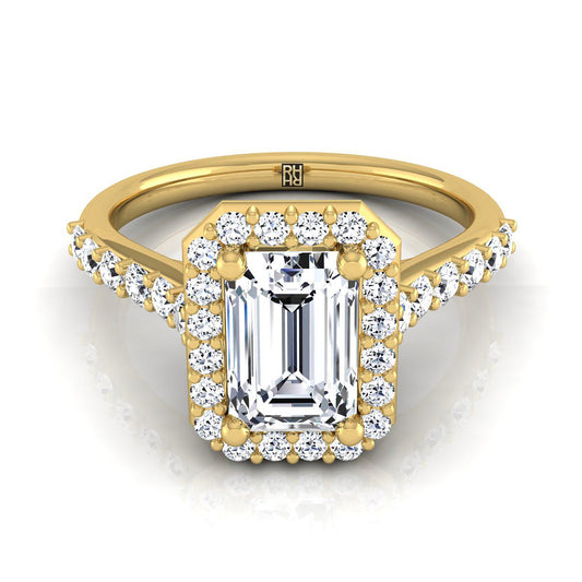 14K Yellow Gold Emerald Cut Diamond Shared Prong Halo with French Pave Engagement Ring -1/2ctw