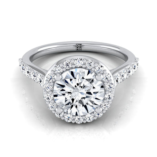 Platinum Round Brilliant Diamond Shared Prong Halo with French Pave Engagement Ring -1/2ctw