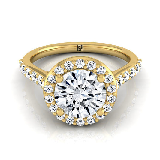 14K สีเหลืองทอง Round Brilliant Diamond แบ่งปัน Prong Halo กับแหวนหมั้น French Pave -1/2ctw