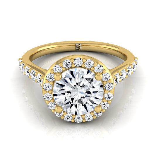 18K สีเหลืองทอง Round Brilliant Diamond แบ่งปัน Prong Halo กับแหวนหมั้น French Pave -1/2ctw