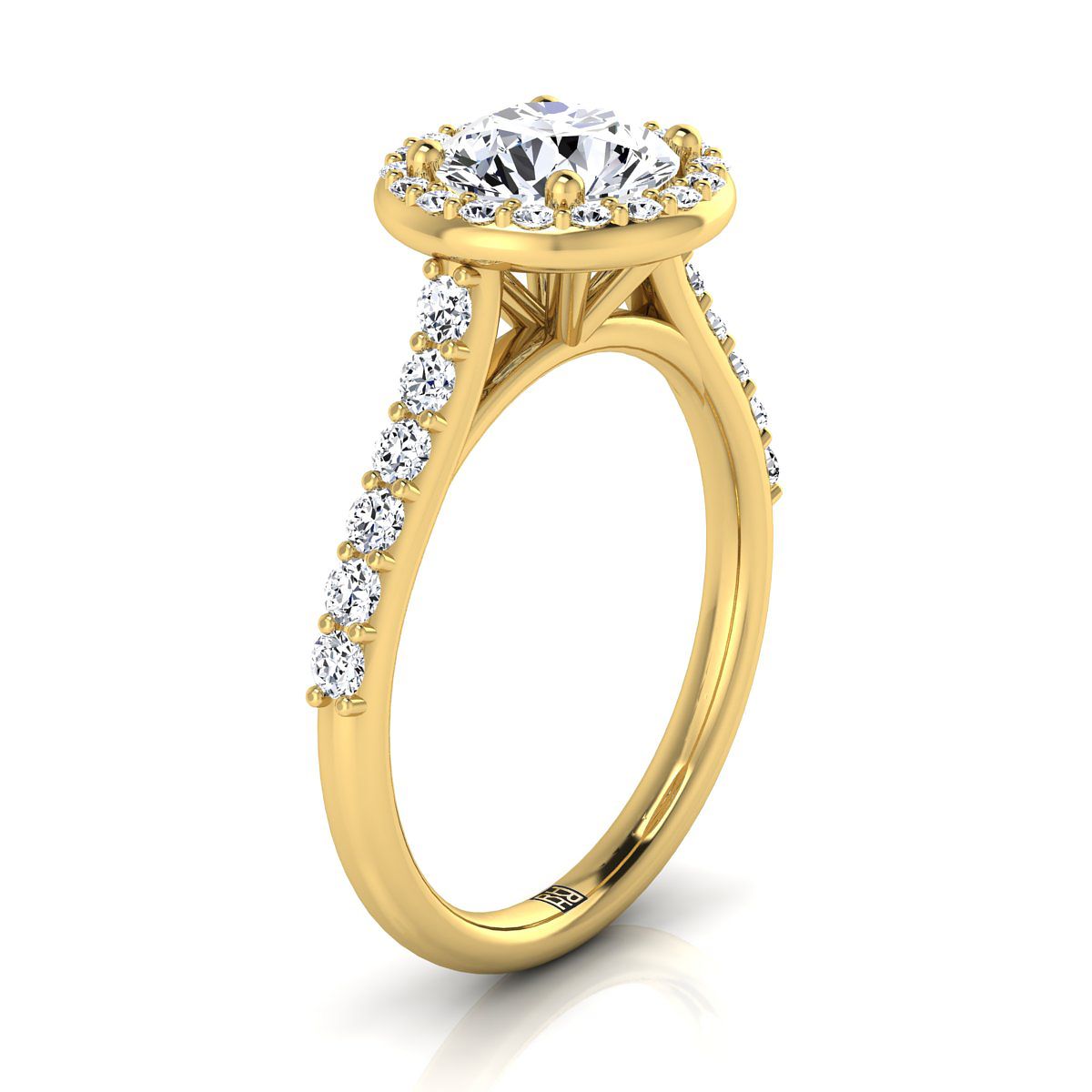 18K สีเหลืองทอง Round Brilliant Diamond แบ่งปัน Prong Halo กับแหวนหมั้น French Pave -1/2ctw