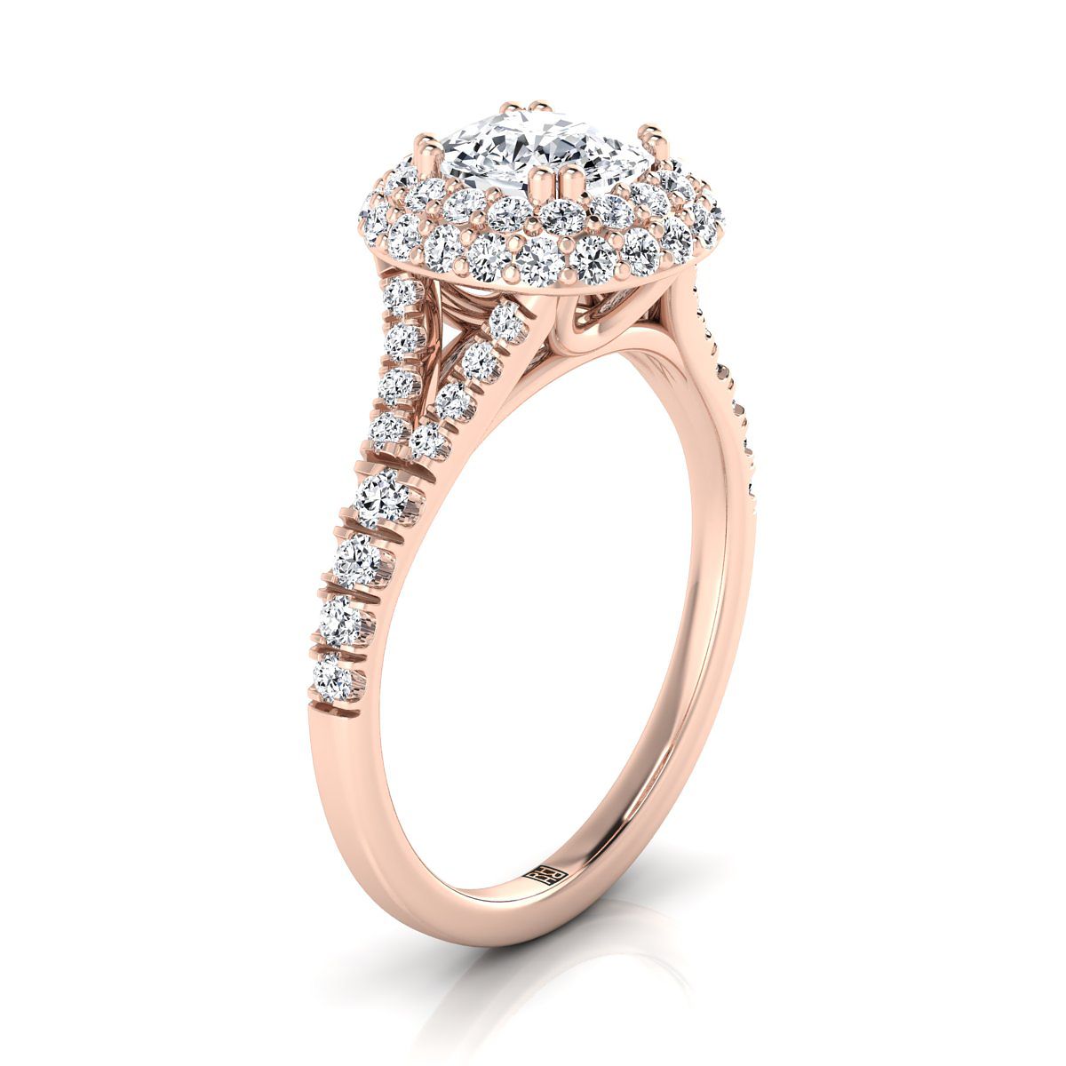 14K Rose Gold Cushion Diamond Double Halo Split Shank French Pave Engagement Ring -5/8ctw