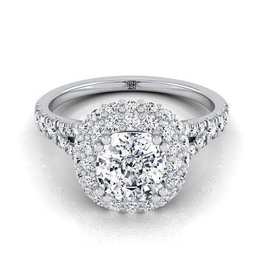 Platinum Cushion Diamond Double Halo Split Shank French Pave Engagement Ring -5/8ctw