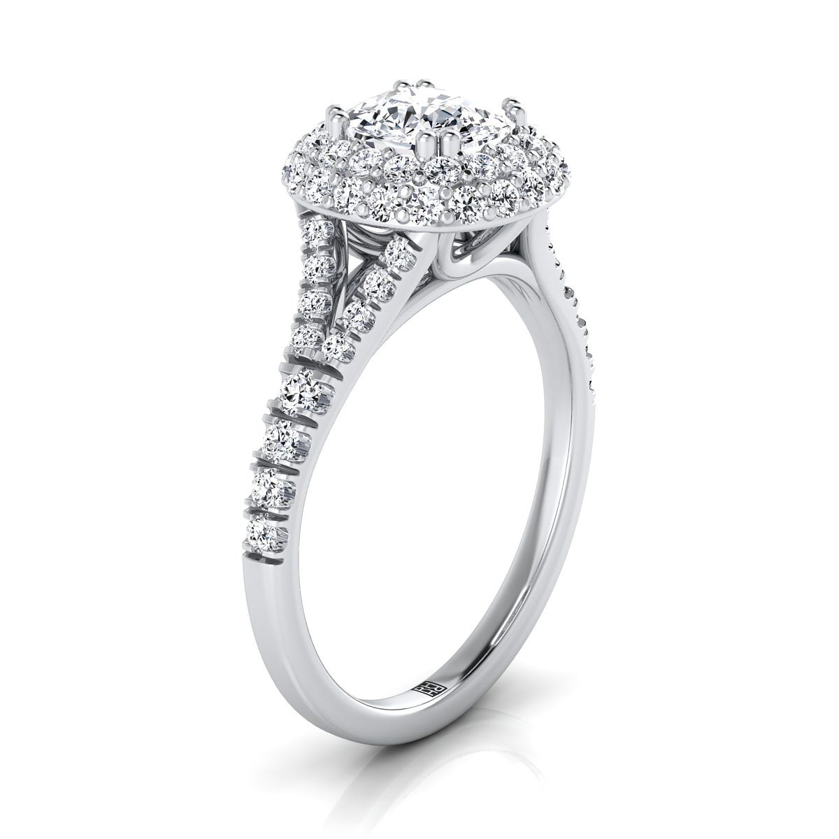 แหวนหมั้นเพชร 14K White Gold Cushion Diamond Double Halo Split Shank French Pave -5/8ctw