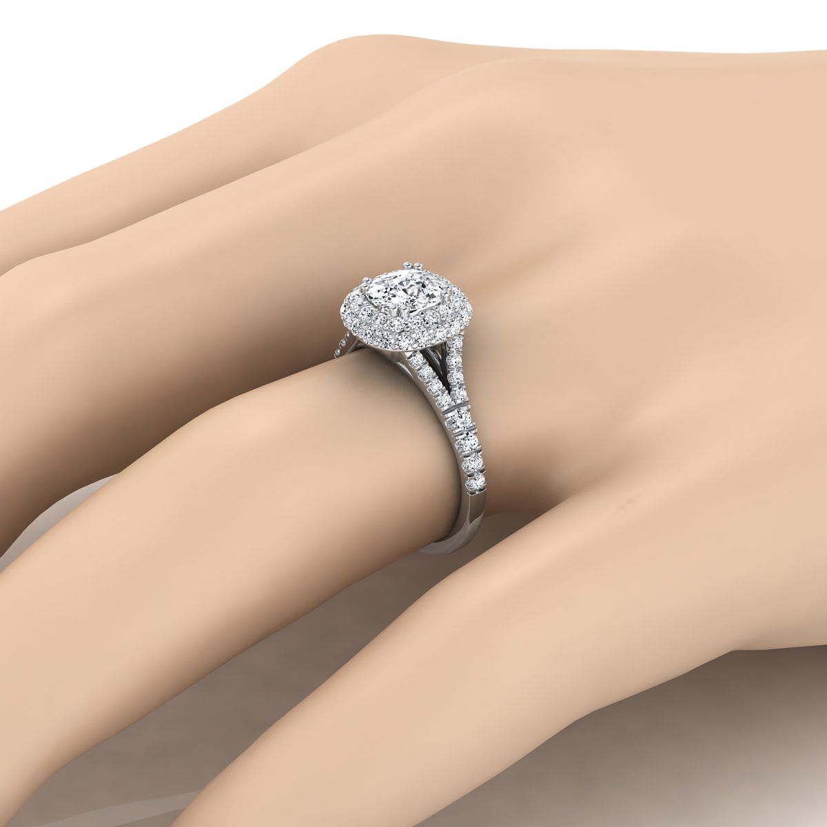 แหวนหมั้นเพชร 14K White Gold Cushion Diamond Double Halo Split Shank French Pave -5/8ctw