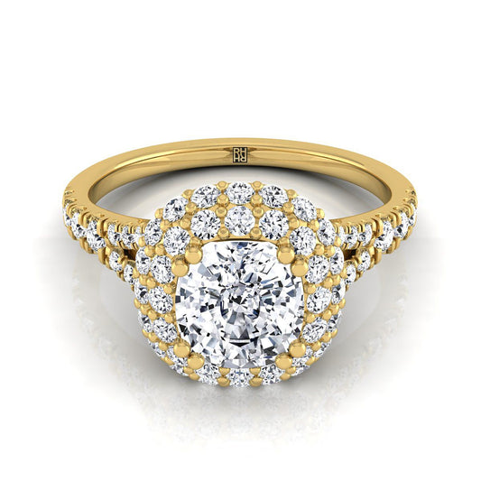 14K Yellow Gold Cushion Diamond Double Halo Split Shank French Pave Engagement Ring -5/8ctw