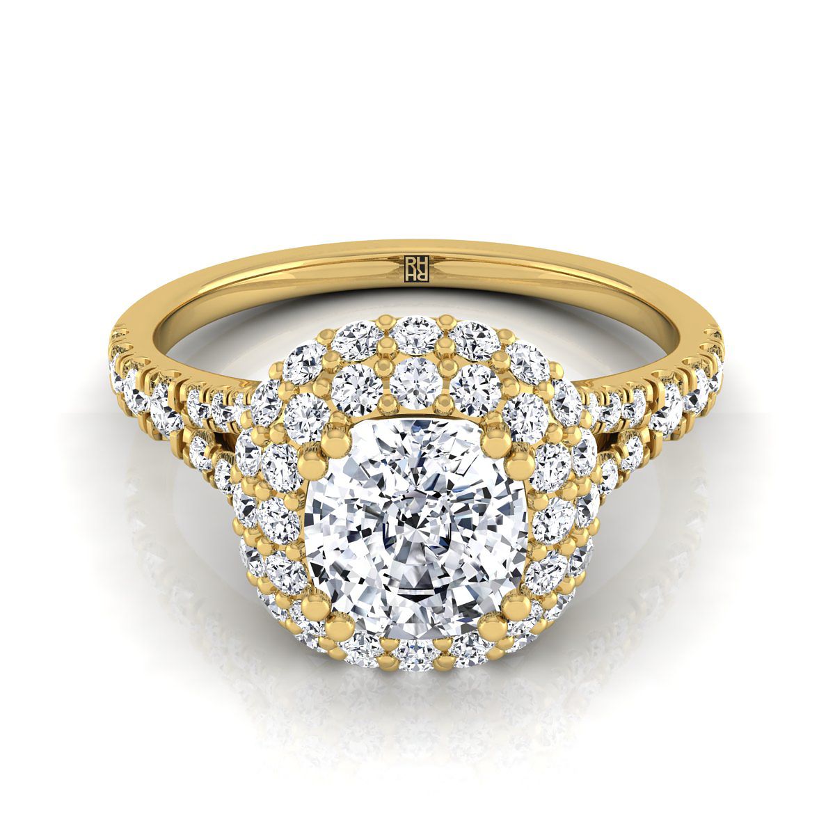 18K Yellow Gold Cushion Diamond Double Halo Split Shank French Pave Engagement Ring -5/8ctw