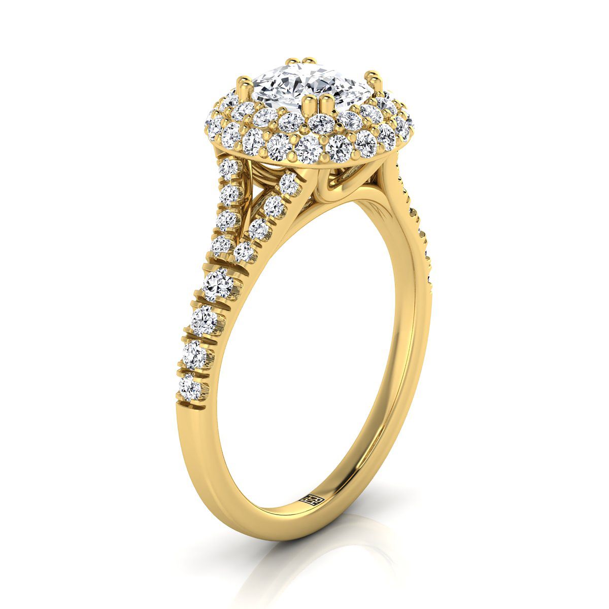 14K Yellow Gold Cushion Diamond Double Halo Split Shank French Pave Engagement Ring -5/8ctw