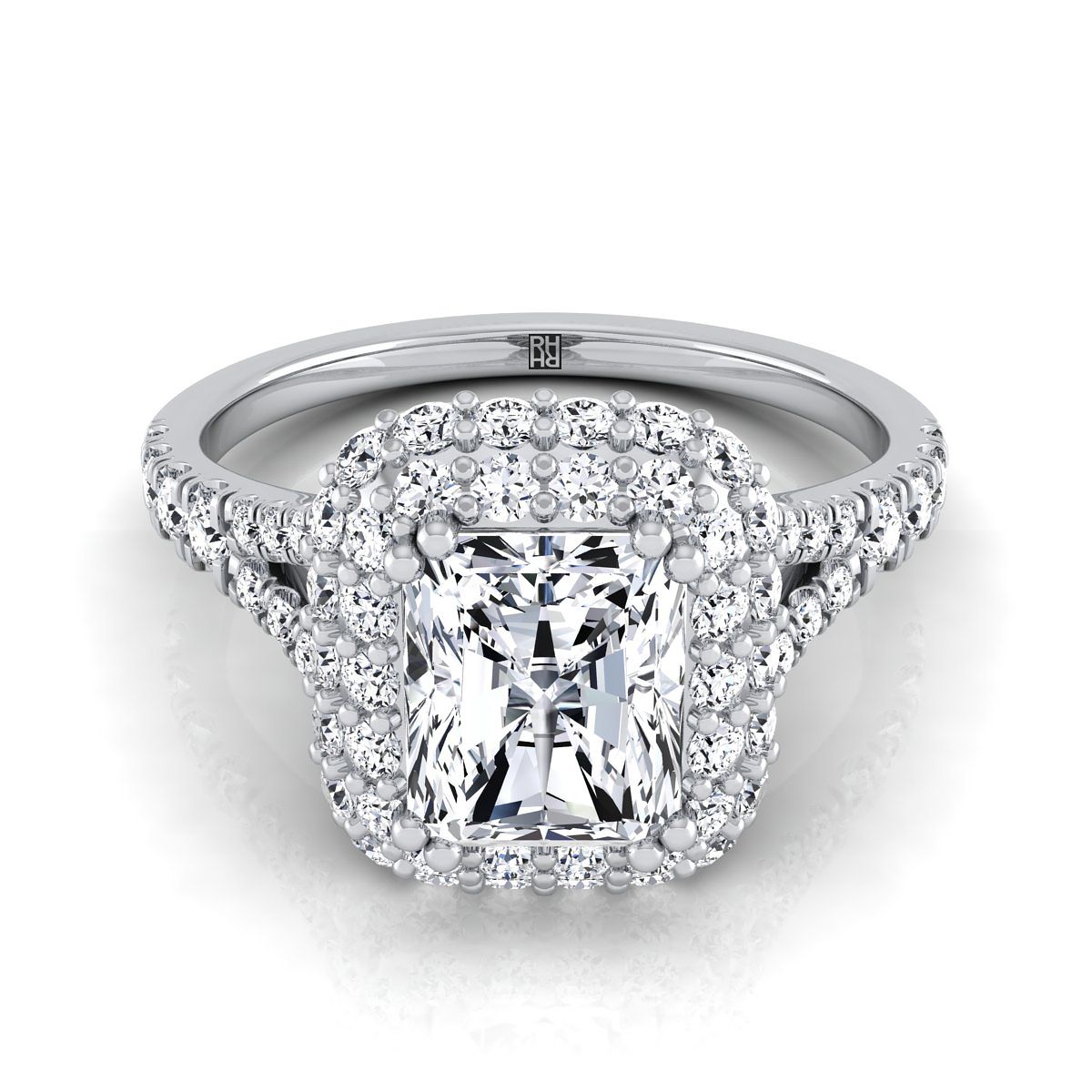 แหวนหมั้นเพชร 14K White Gold Radiant Cut Center Diamond Double Halo Split Shank French Pave Engagement Ring -5/8ctw