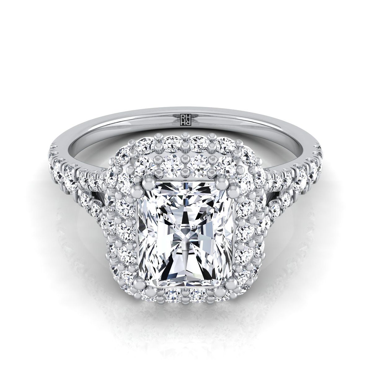 แหวนหมั้น Platinum Radiant Cut Center Diamond Double Halo Split Shank French Pave -5/8ctw