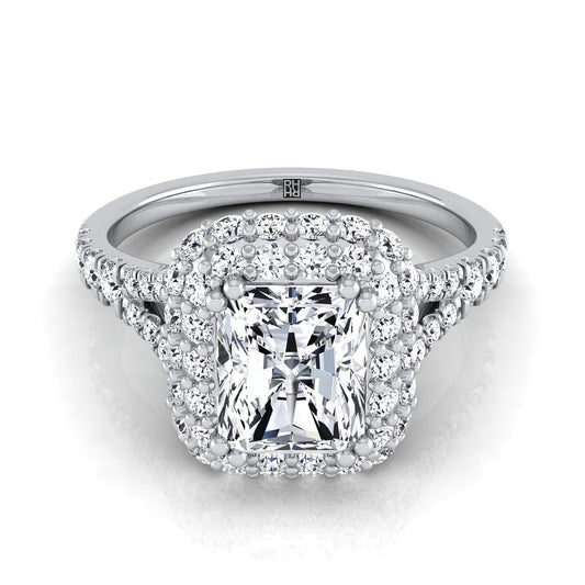 แหวนหมั้นเพชร 18K White Gold Radiant Cut Center Diamond Double Halo Split Shank French Pave Engagement Ring -5/8ctw