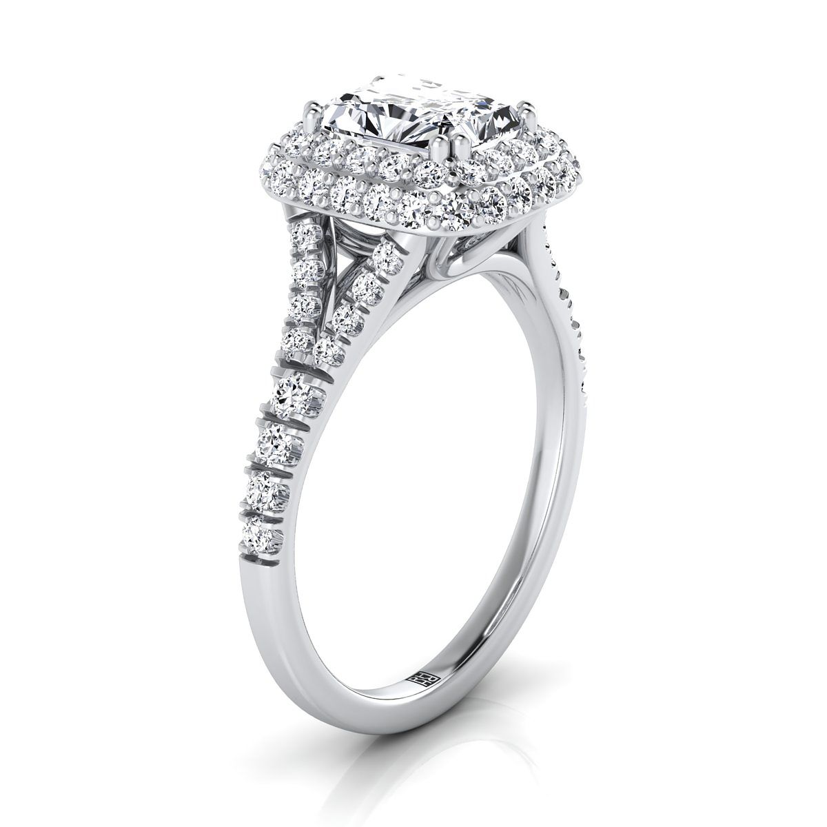 แหวนหมั้น Platinum Radiant Cut Center Diamond Double Halo Split Shank French Pave -5/8ctw