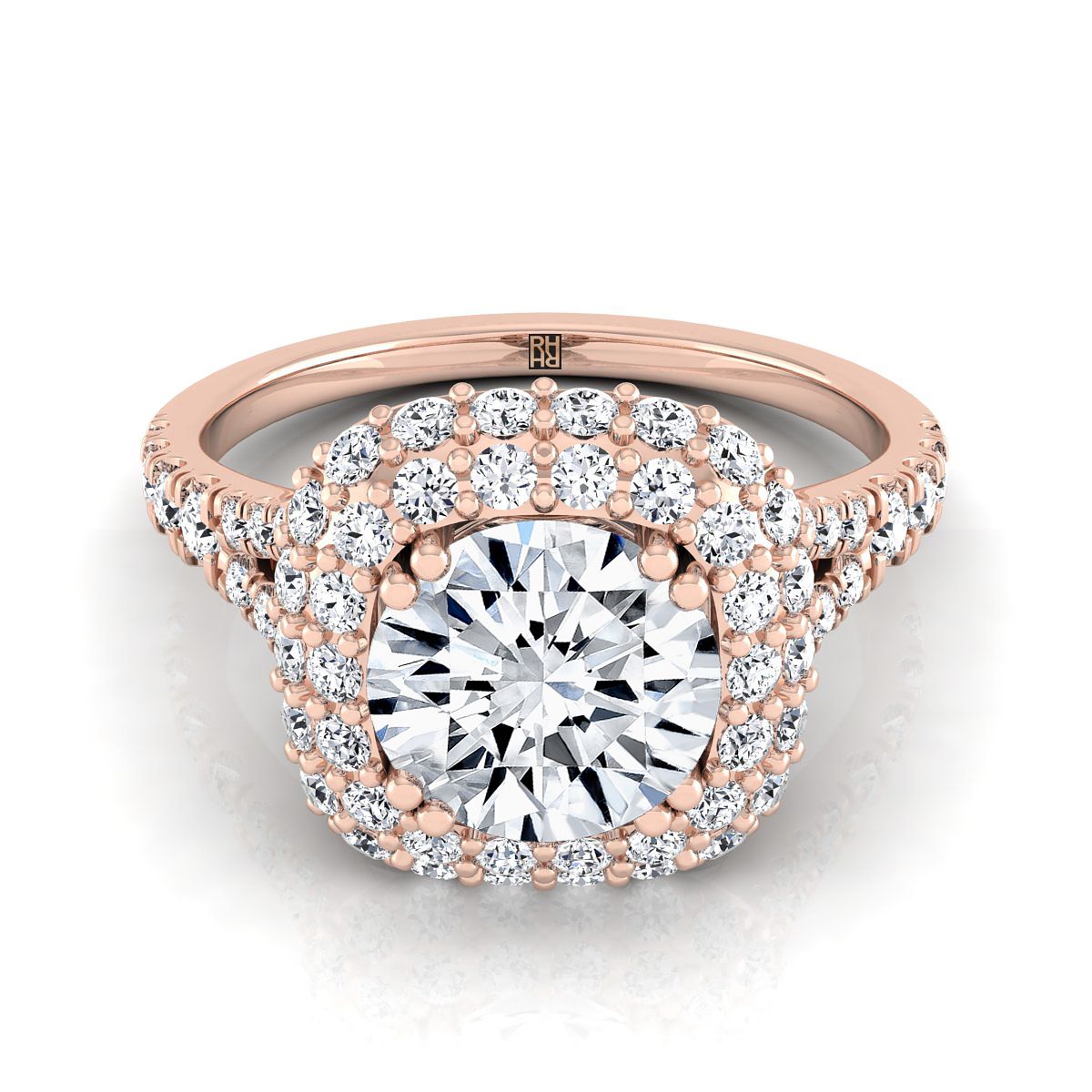 14K Rose Gold Round Brilliant Diamond Double Halo Split Shank French Pave แหวนหมั้น -5/8ctw