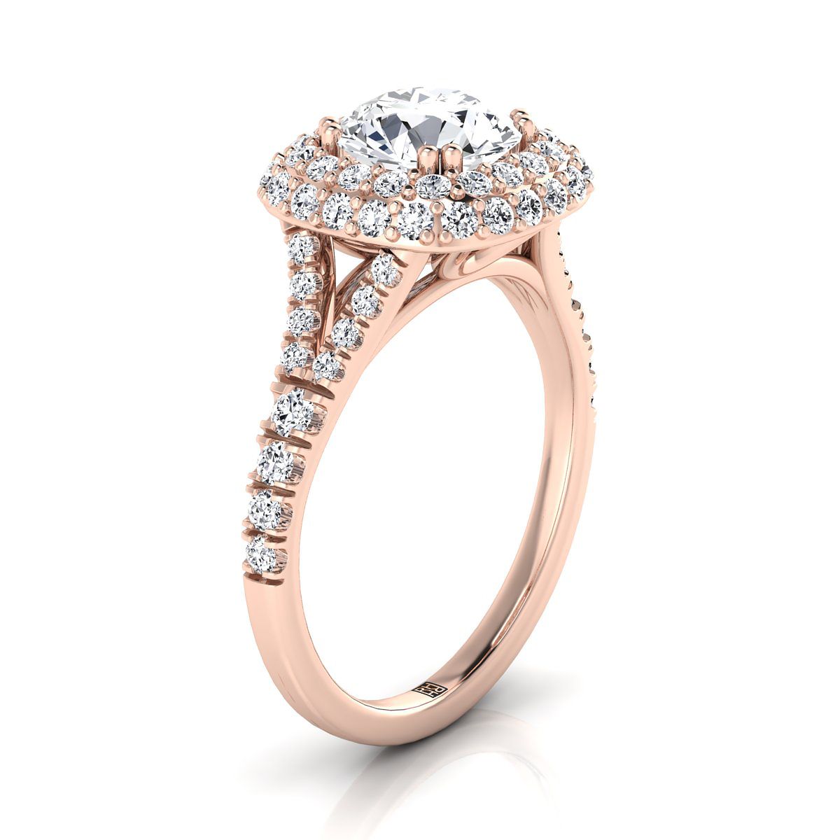 14K Rose Gold Round Brilliant Diamond Double Halo Split Shank French Pave แหวนหมั้น -5/8ctw