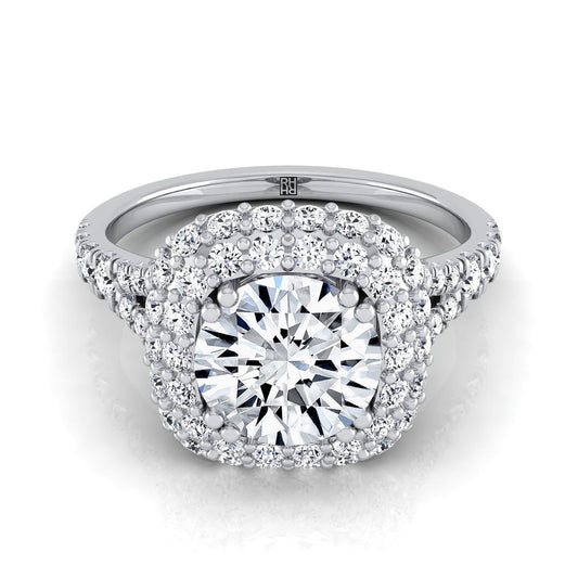 14K สีขาวทอง Round Brilliant Diamond Double Halo Split Shank French Pave แหวนหมั้น -5/8ctw