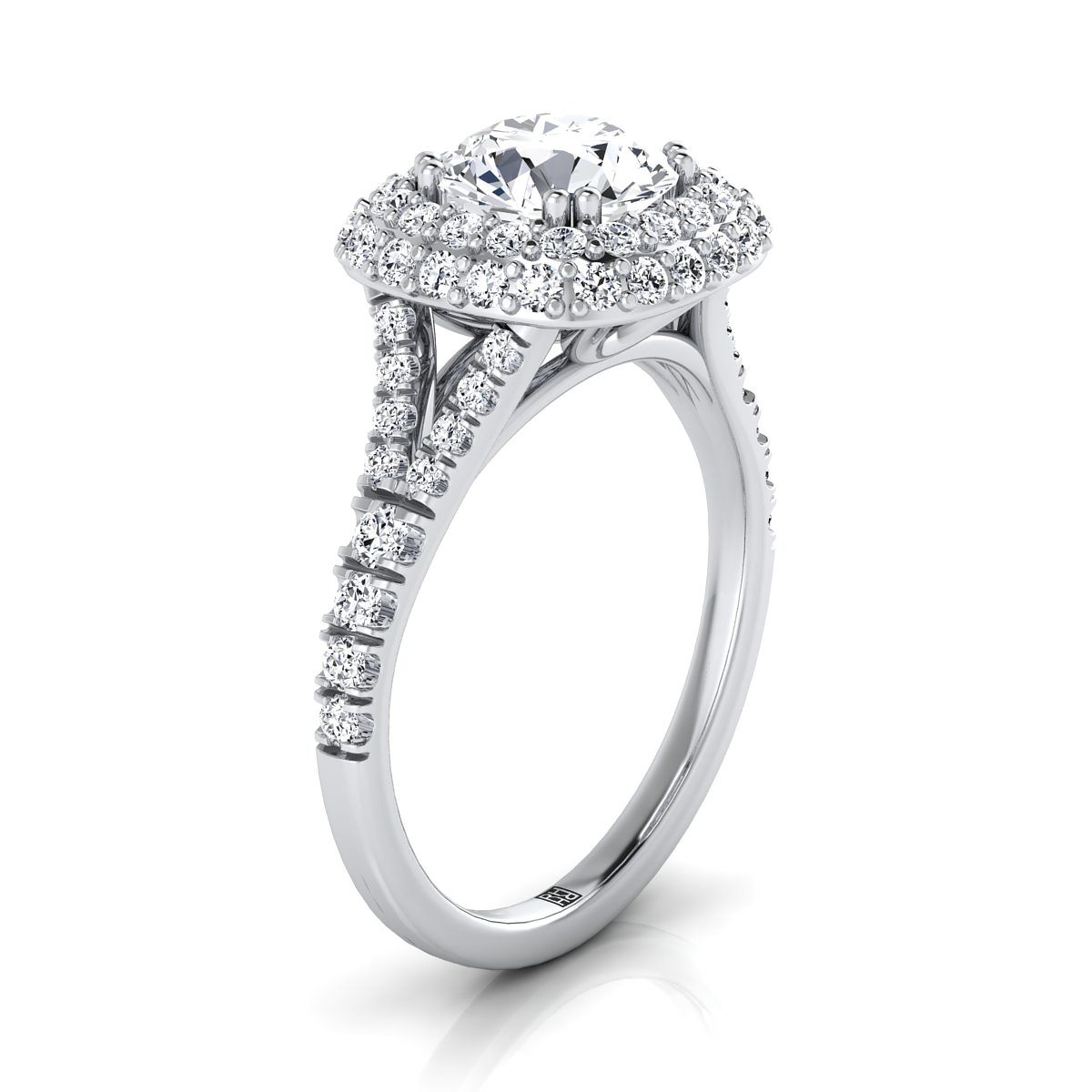 14K White Gold Round Brilliant Diamond Double Halo Split Shank French Pave Engagement Ring -5/8ctw