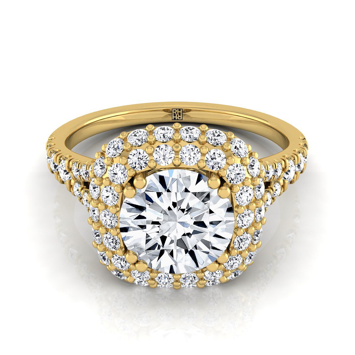 14K Yellow Gold Round Brilliant Diamond Double Halo Split Shank French Pave Engagement Ring -5/8ctw