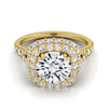 18K สีเหลืองทอง Round Brilliant Diamond Double Halo Split Shank French Pave แหวนหมั้น -5/8ctw