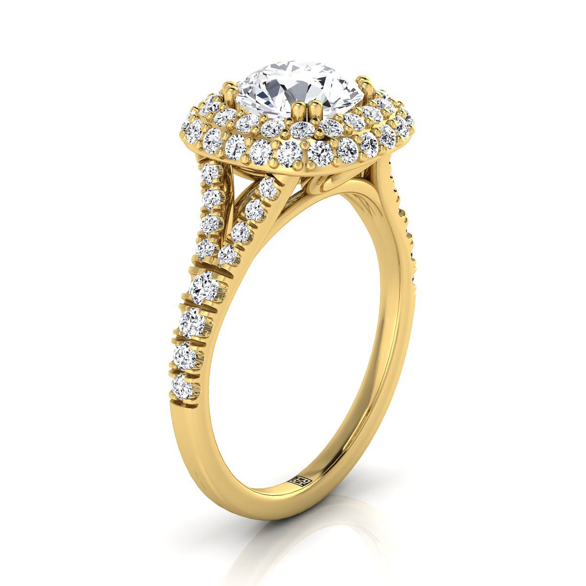 14K สีเหลืองทอง Round Brilliant Diamond Double Halo Split Shank French Pave แหวนหมั้น -5/8ctw