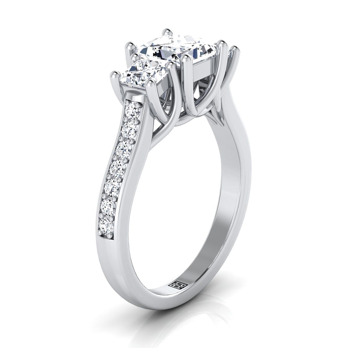 14K White Gold Princess Cut Diamond Three Stone Classic with Channel French Pave Engagement Ring -3/4ctw