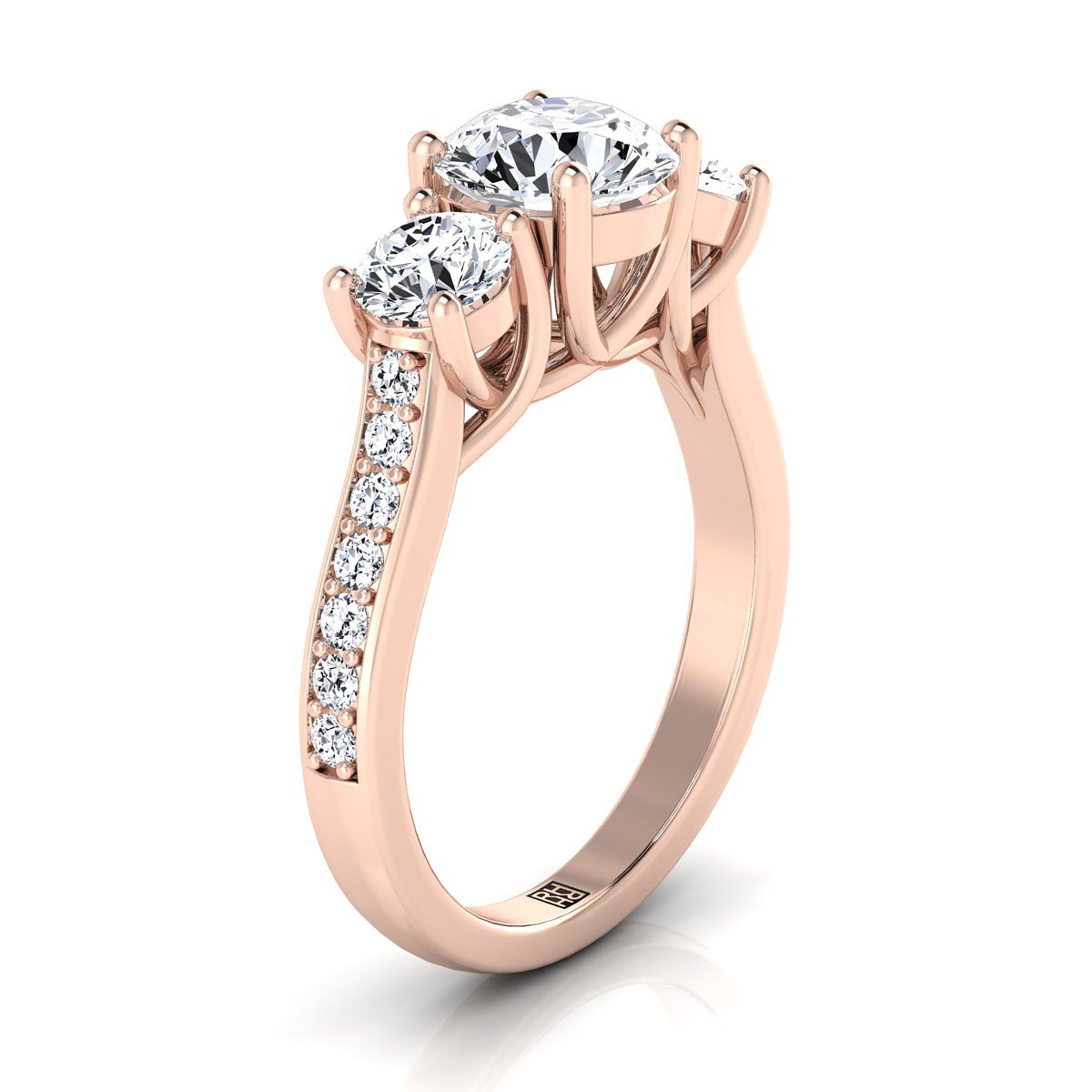 14K Rose Gold Round Brilliant Diamond สามหินคลาสสิกพร้อมแหวนหมั้น Channel French Pave -7/8ctw