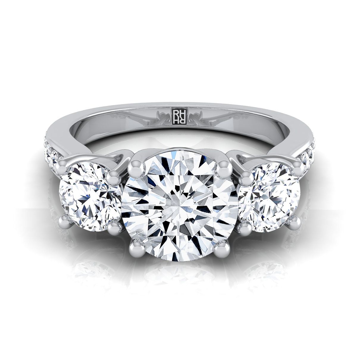 14K White Gold Round Brilliant Diamond Three Stone Classic with Channel French Pave แหวนหมั้น -7/8ctw