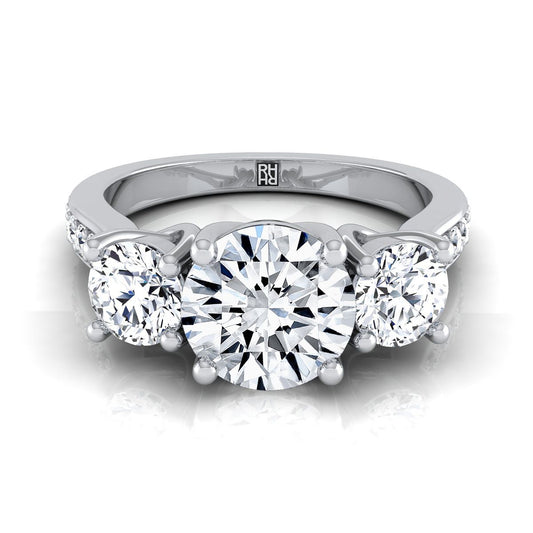 Platinum Round Brilliant Diamond Three Stone Classic with Channel French Pave Engagement Ring -7/8ctw