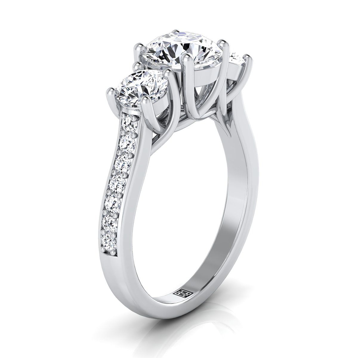 14K White Gold Round Brilliant Diamond Three Stone Classic with Channel French Pave แหวนหมั้น -7/8ctw