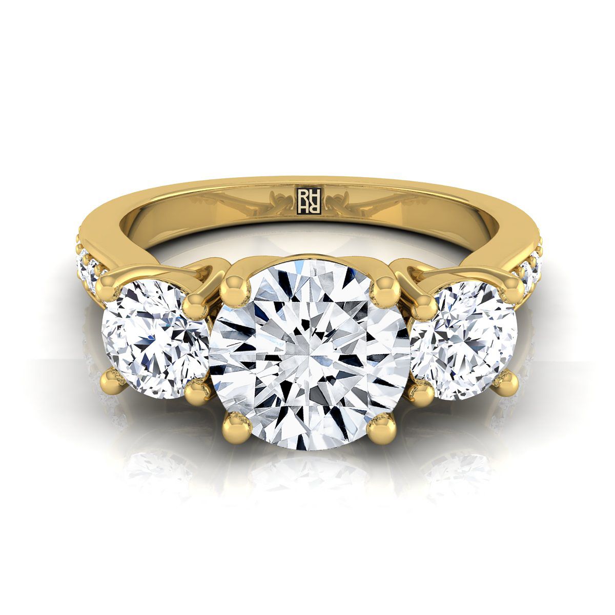 18K สีเหลืองทอง Round Brilliant Diamond สามหินคลาสสิกพร้อมแหวนหมั้น Channel French Pave -7/8ctw