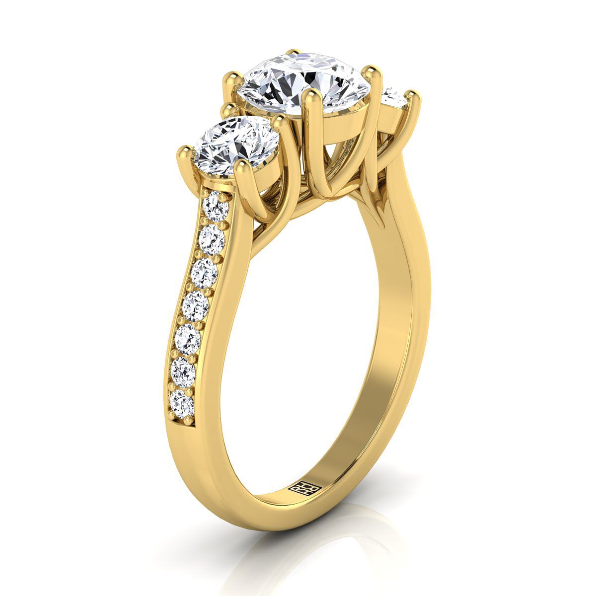 14K สีเหลืองทอง Round Brilliant Diamond สามหินคลาสสิกพร้อม Channel French Pave แหวนหมั้น -7/8ctw