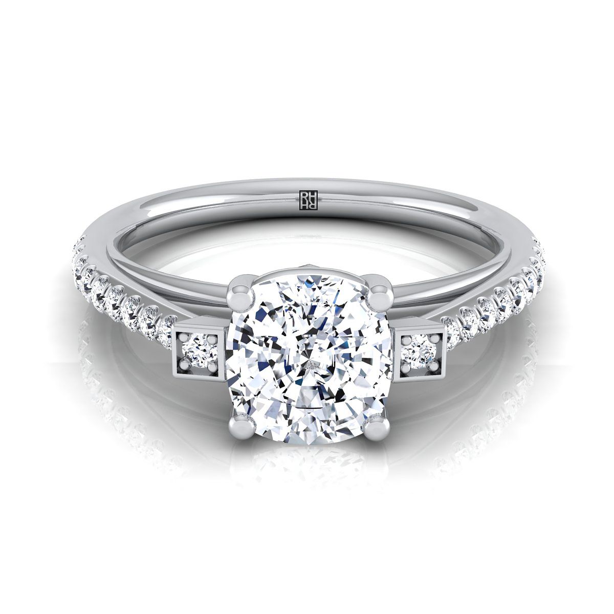 Platinum Cushion Diamond Delicate Three Stone Pave Engagement Ring -1/3ctw