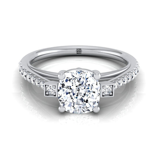 Platinum Cushion Diamond Delicate Three Stone Pave Engagement Ring -1/3ctw