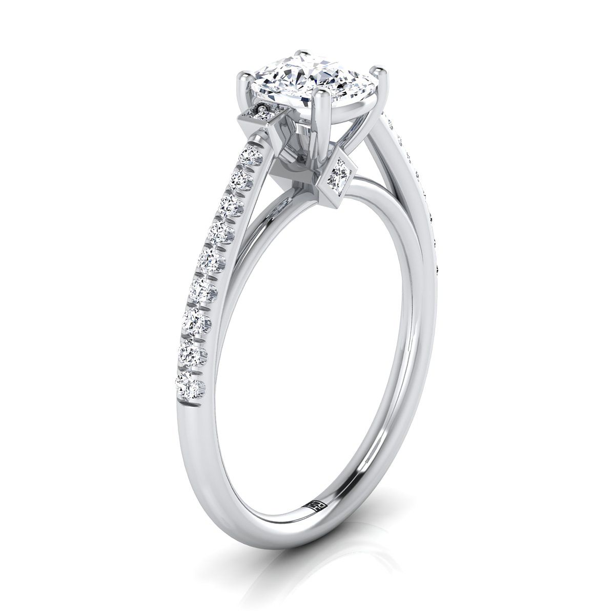 Platinum Cushion Diamond Delicate Three Stone Pave Engagement Ring -1/3ctw