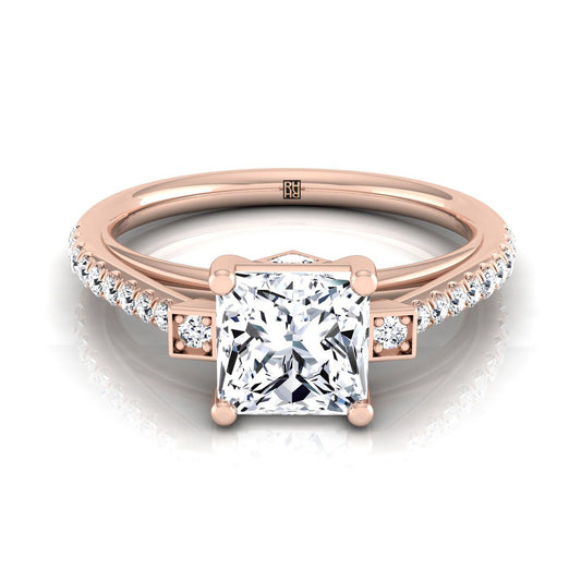 แหวนหมั้นเพชร 14K Rose Gold Princess Cut ละเอียดอ่อนสามหิน -1/3ctw