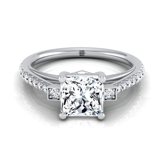 14K White Gold Princess Cut Diamond Delicate Three Stone Pave Engagement Ring -1/3ctw