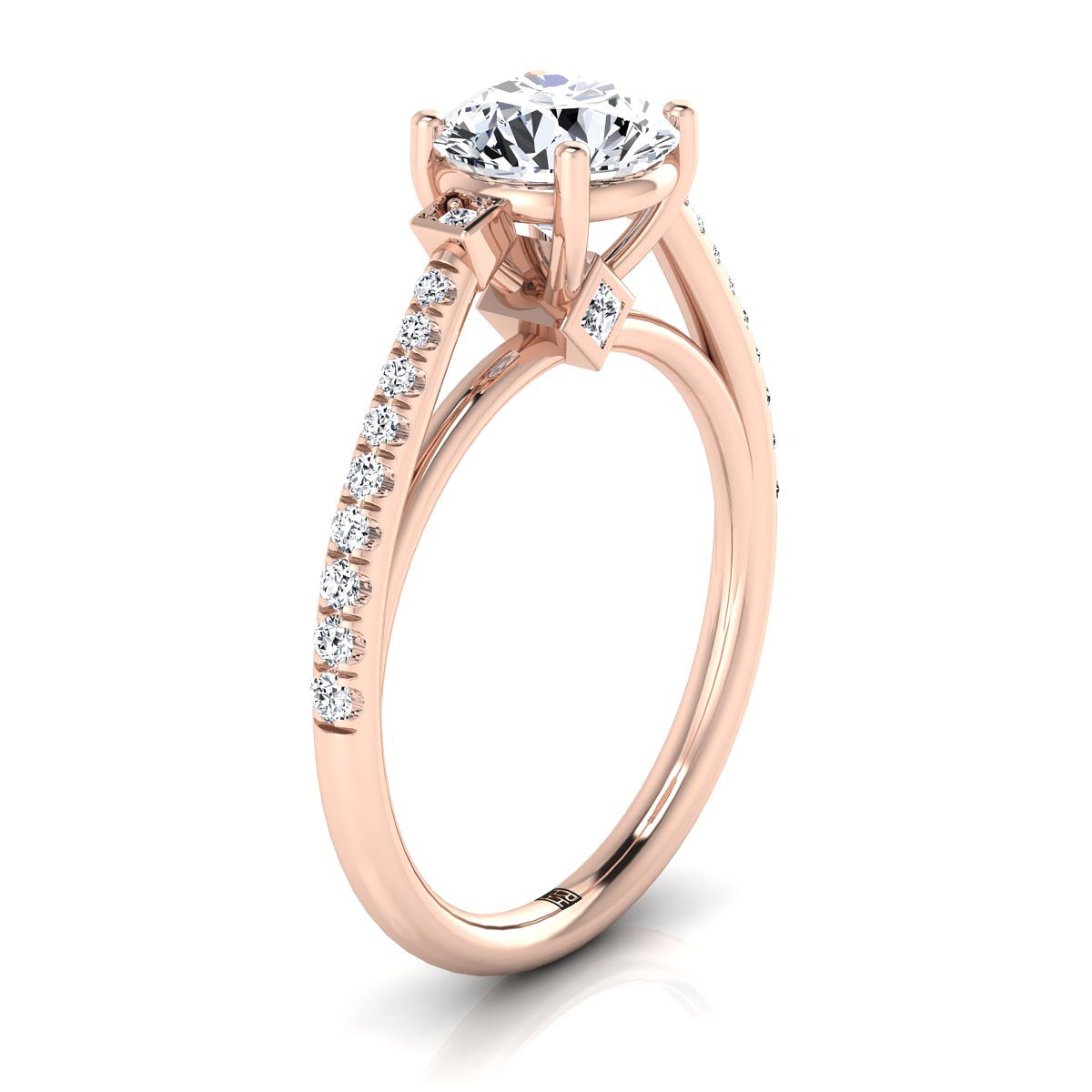 14K Rose Gold Round Brilliant Diamond Delicate Three Stone Pave Engagement Ring -1/3ctw