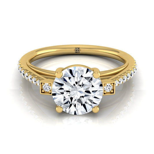 14K Yellow Gold Round Brilliant Diamond Delicate Three Stone Pave Engagement Ring -1/3ctw