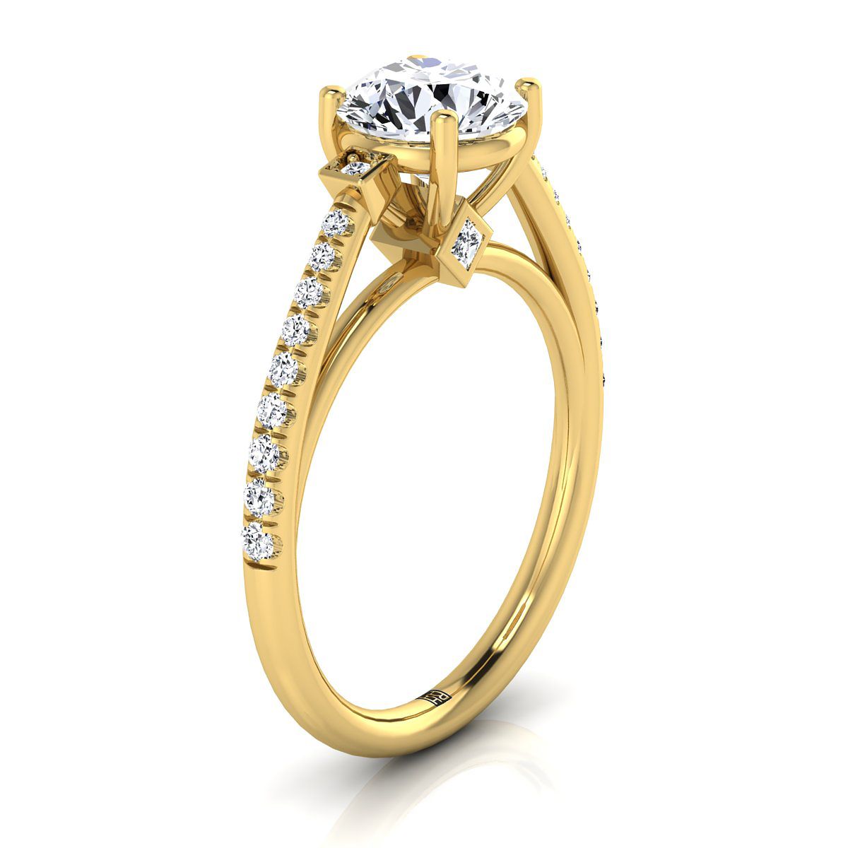 14K Yellow Gold Round Brilliant Diamond Delicate Three Stone Pave Engagement Ring -1/3ctw