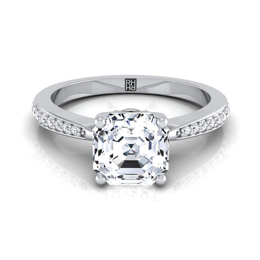 14K White Gold Asscher Cut Diamond Tapered Pave Engagement Ring -1/8ctw