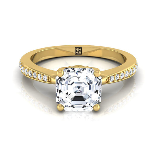 14K Yellow Gold Asscher Cut Diamond Tapered Pave Engagement Ring -1/8ctw