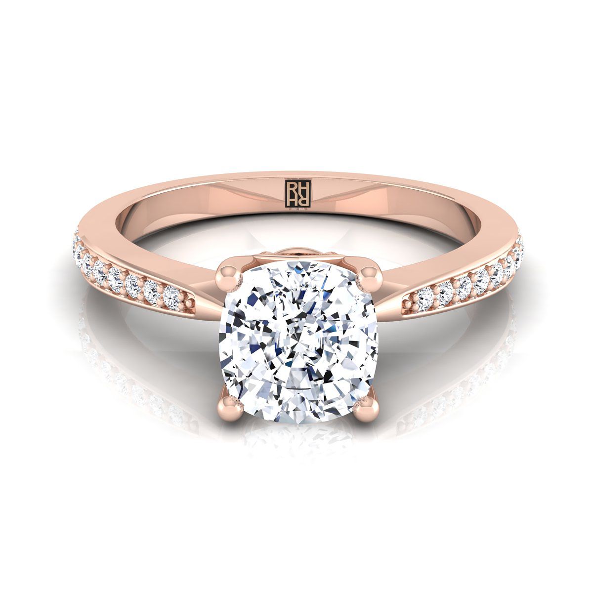 แหวนหมั้นเพชร 14K Rose Gold Cushion Tapered Pave -1/8ctw