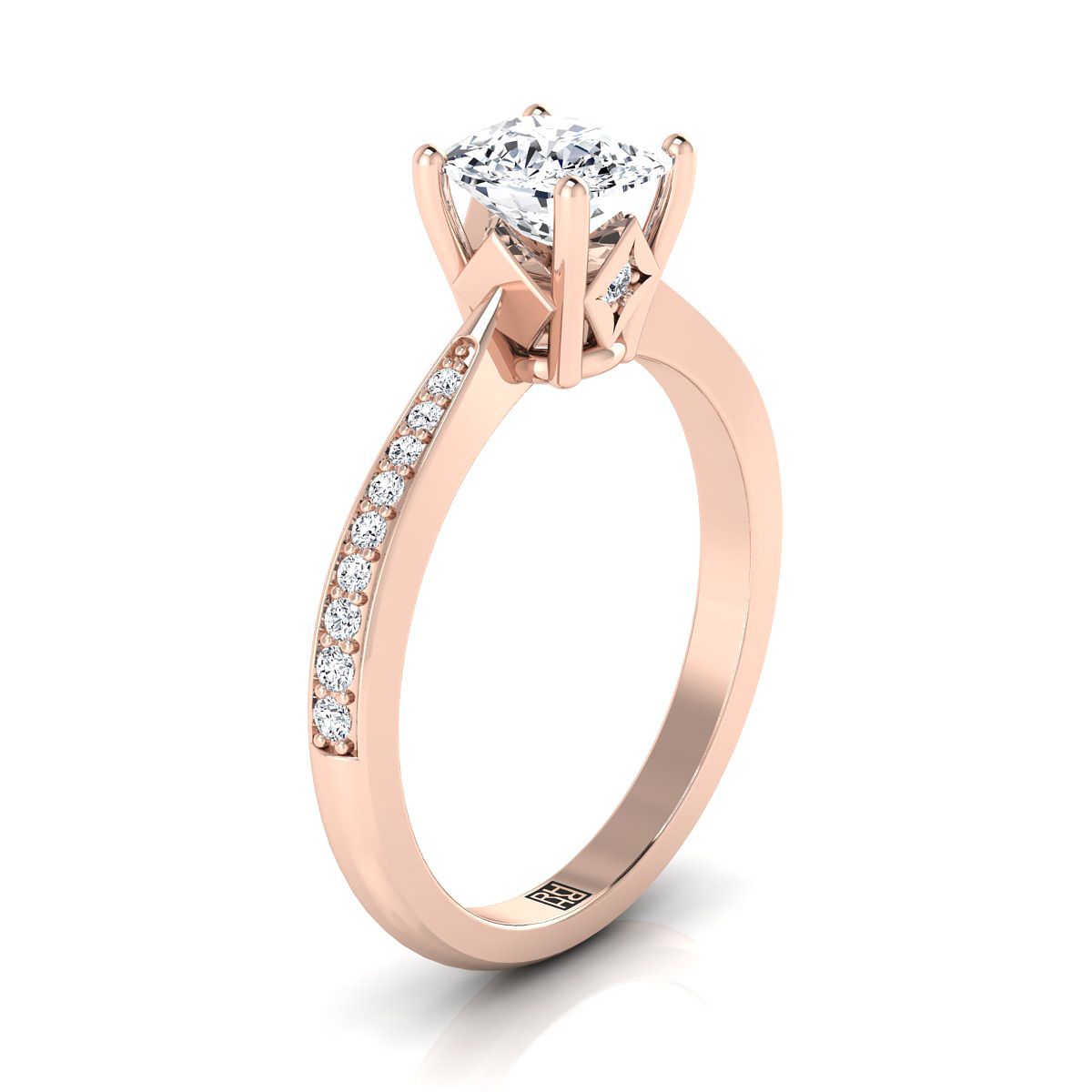 แหวนหมั้นเพชร 14K Rose Gold Cushion Tapered Pave -1/8ctw