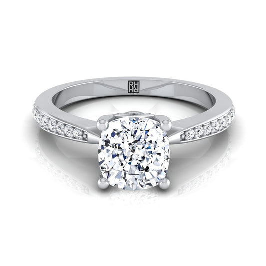 18K White Gold Cushion Diamond Tapered Pave Engagement Ring -1/8ctw