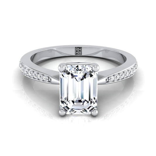 14K White Gold Emerald Cut Diamond Tapered Pave Engagement Ring -1/8ctw