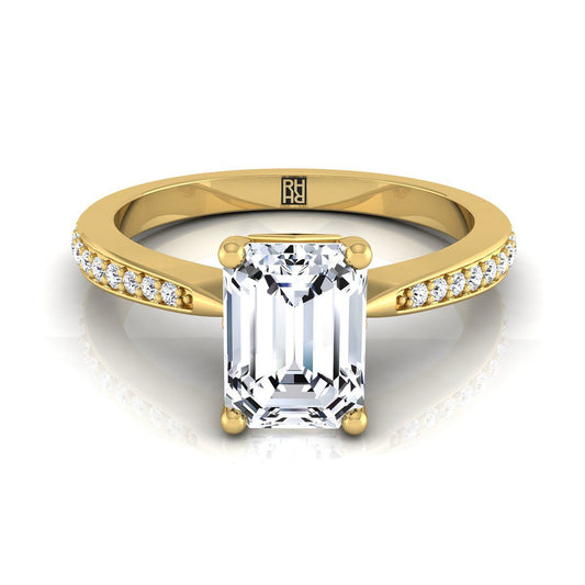 14K Yellow Gold Emerald Cut Diamond Tapered Pave Engagement Ring -1/8ctw