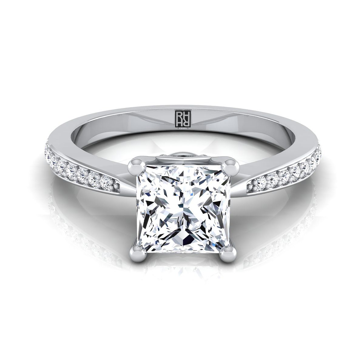 14K White Gold Princess Cut Diamond Tapered Pave Engagement Ring -1/8ctw